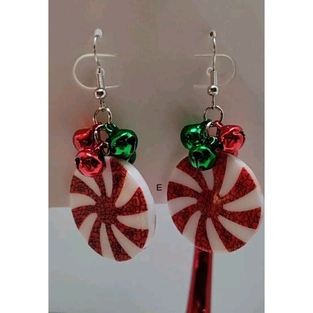 Christmas Earrings Acrylic Peppermint Disk W/ Red & Green Bells